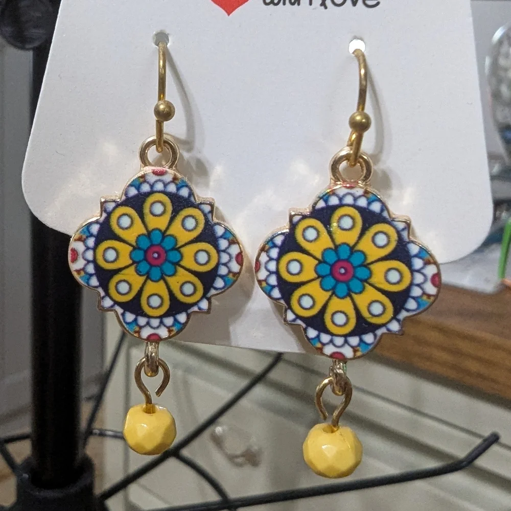 Handmade Yellow and Blue Dangle Earrings with Mandala Design - Picture 1 of 1